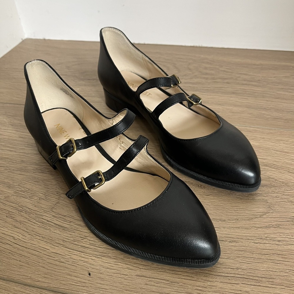Nine West Black Leather Mary Jane Flats Double Strap Buckle Comfort Shoes
